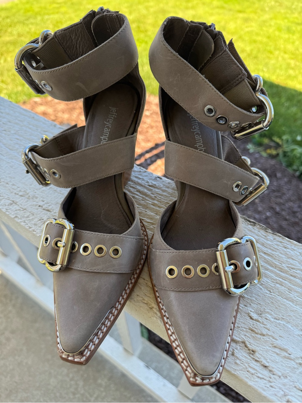 Jeffrey Campbell Taupe Pointed-Toe Buckle Ankle-Strap Heels